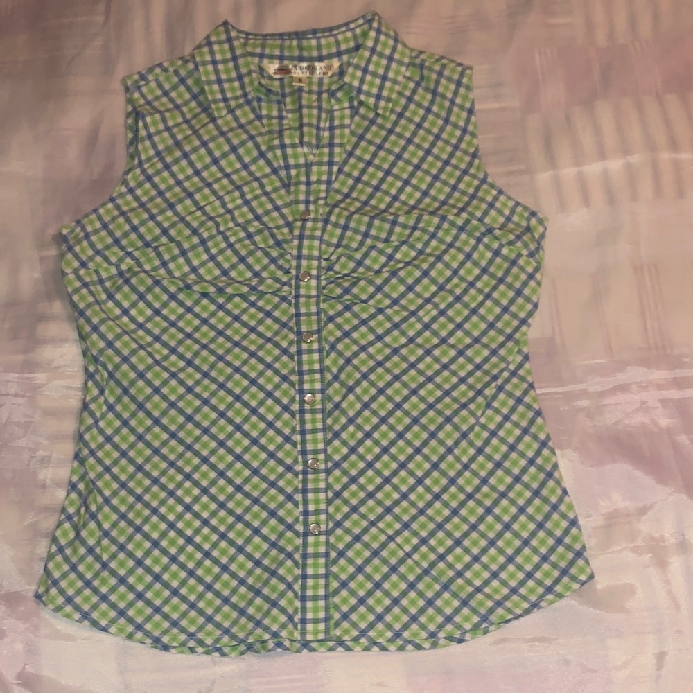 Women’s Sleeveless Plaid Button-Front Top in Blue & Green